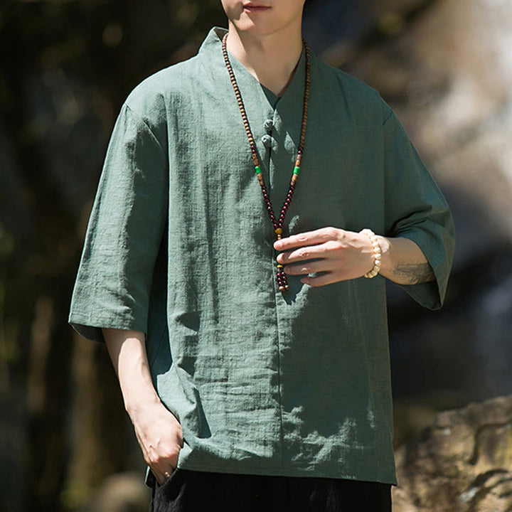 Buddha Stones Casual Solid Color Two Buttons V-neck Three Quarter Sleeve Cotton Linen Men's Shirt