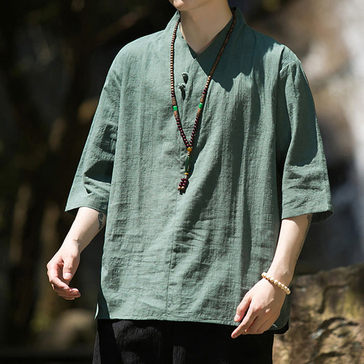 Buddha Stones Casual Solid Color Two Buttons V-neck Three Quarter Sleeve Cotton Linen Men's Shirt - image 14