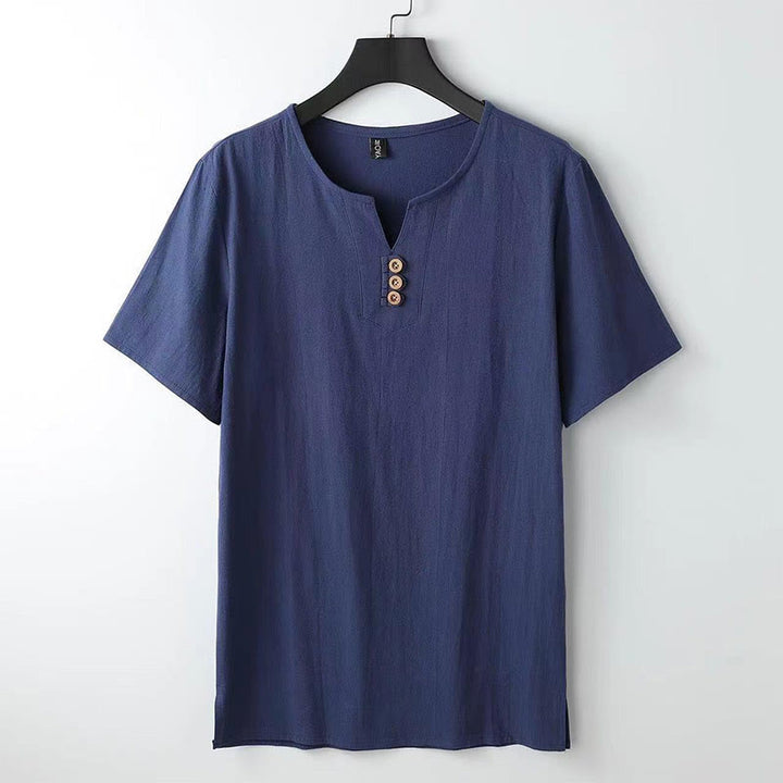 Buddha Stones Solid Color V-neck Three Top Buttons Short Sleeve Cotton linen Men's Shirt - DarkBlue - US/UK/AU44，EU54 (5XL) - image 9