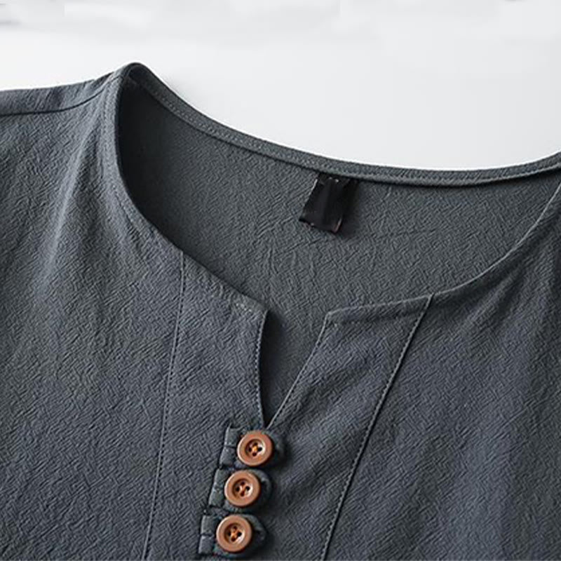 Buddha Stones Solid Color V-neck Three Top Buttons Short Sleeve Cotton linen Men's Shirt - image 6