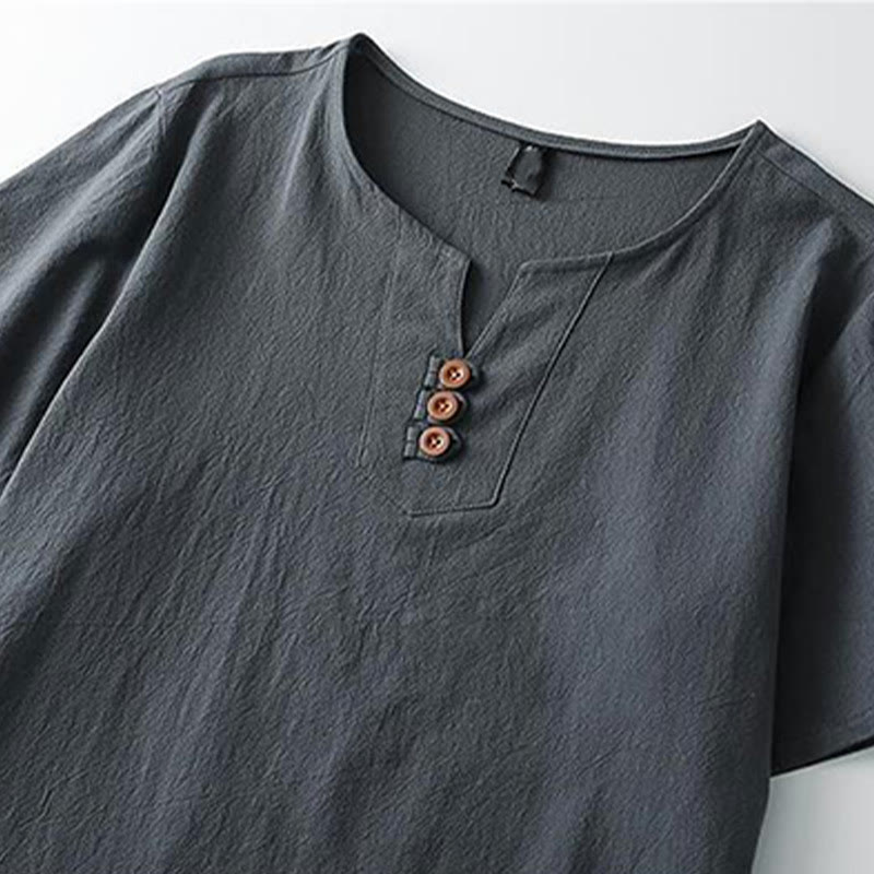 Buddha Stones Solid Color V-neck Three Top Buttons Short Sleeve Cotton linen Men's Shirt - image 5