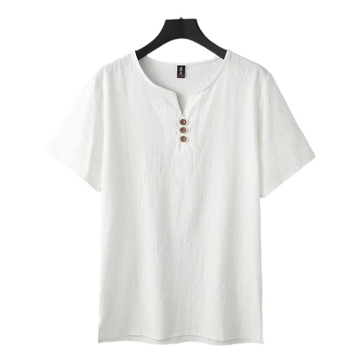 Buddha Stones Solid Color V-neck Three Top Buttons Short Sleeve Cotton linen Men's Shirt - image 3