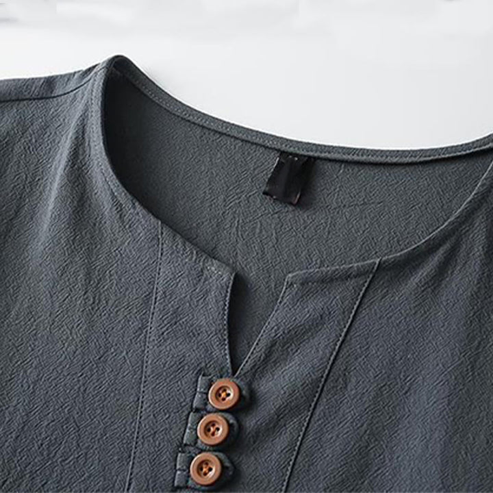 Buddha Stones Solid Color V-neck Three Top Buttons Short Sleeve Cotton linen Men's Shirt - image 5