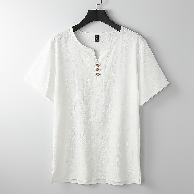 Buddha Stones Solid Color V-neck Three Top Buttons Short Sleeve Cotton linen Men's Shirt - White - US/UK/AU44，EU54 (5XL) - image 2