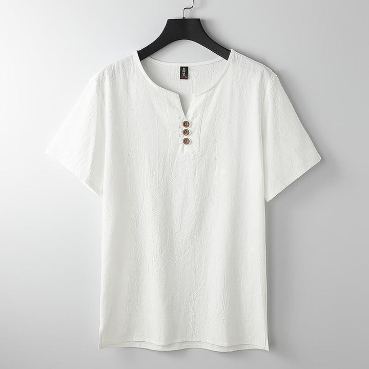Buddha Stones Solid Color V-neck Three Top Buttons Short Sleeve Cotton linen Men's Shirt - White - US/UK/AU44，EU54 (5XL) - image 2