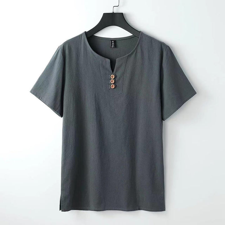 Buddha Stones Solid Color V-neck Three Top Buttons Short Sleeve Cotton linen Men's Shirt - Gray - US/UK/AU44，EU54 (5XL) - image 4