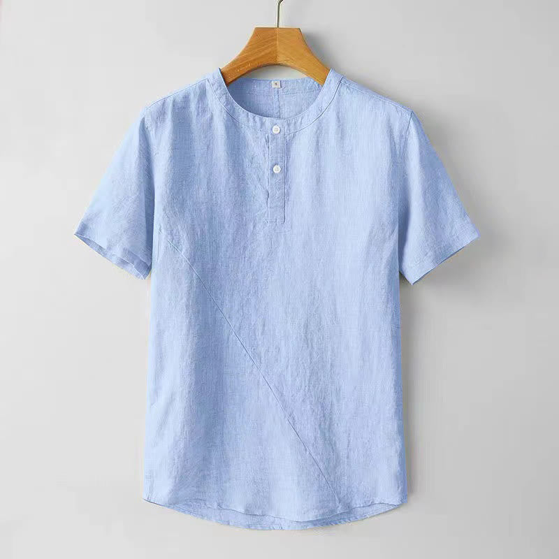 Buddha Stones Solid Color Short Sleeve Two Top Buttons Cotton Linen Men's Shirt - LightSkyBlue - US/UK/AU44，EU54 (4XL) - image 7