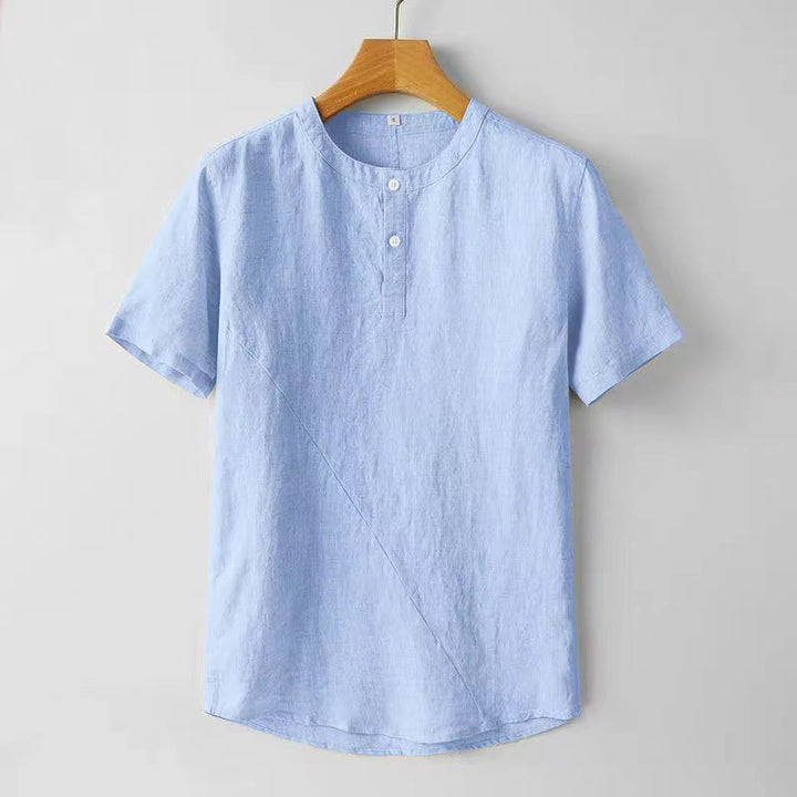 Buddha Stones Solid Color Short Sleeve Two Top Buttons Cotton Linen Men's Shirt - LightSkyBlue - US/UK/AU44，EU54 (4XL) - image 7