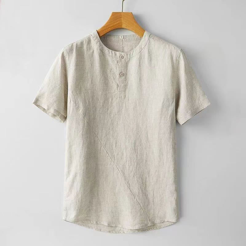 Buddha Stones Solid Color Short Sleeve Two Top Buttons Cotton Linen Men's Shirt