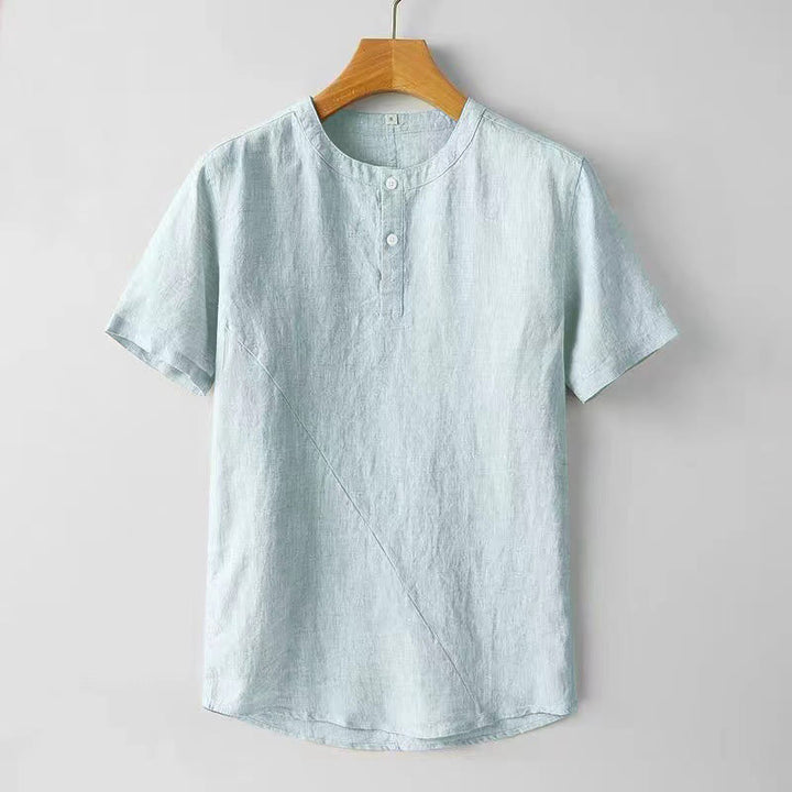 Buddha Stones Solid Color Short Sleeve Two Top Buttons Cotton Linen Men's Shirt