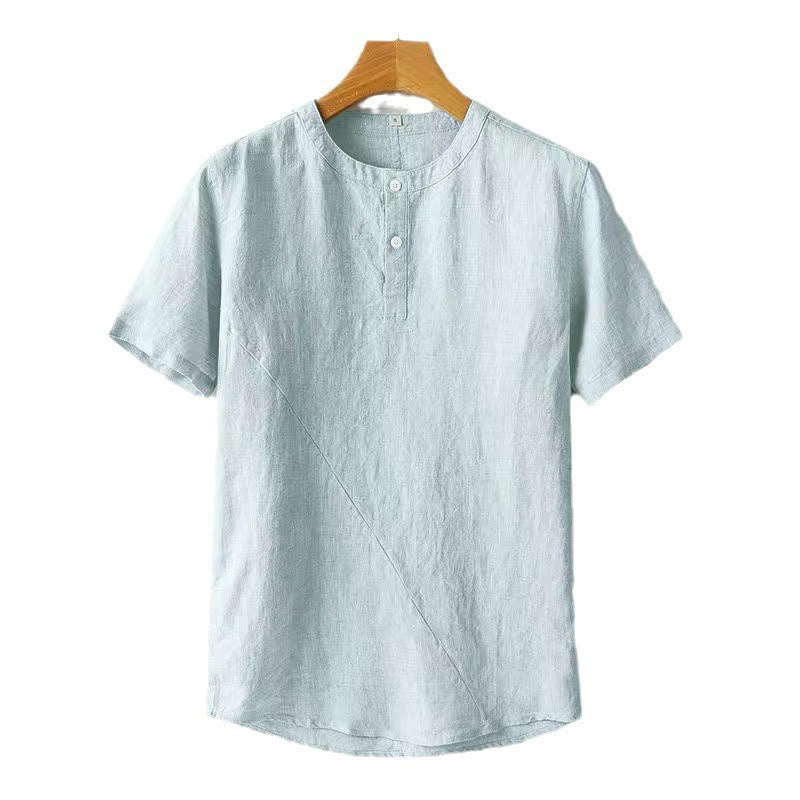 Buddha Stones Solid Color Short Sleeve Two Top Buttons Polyseter Linen Men's Shirt - image 9