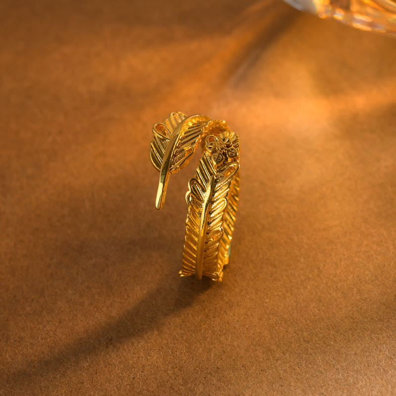 Buddha Stones River Gold Plated Copper Feather Design Wealth Ring