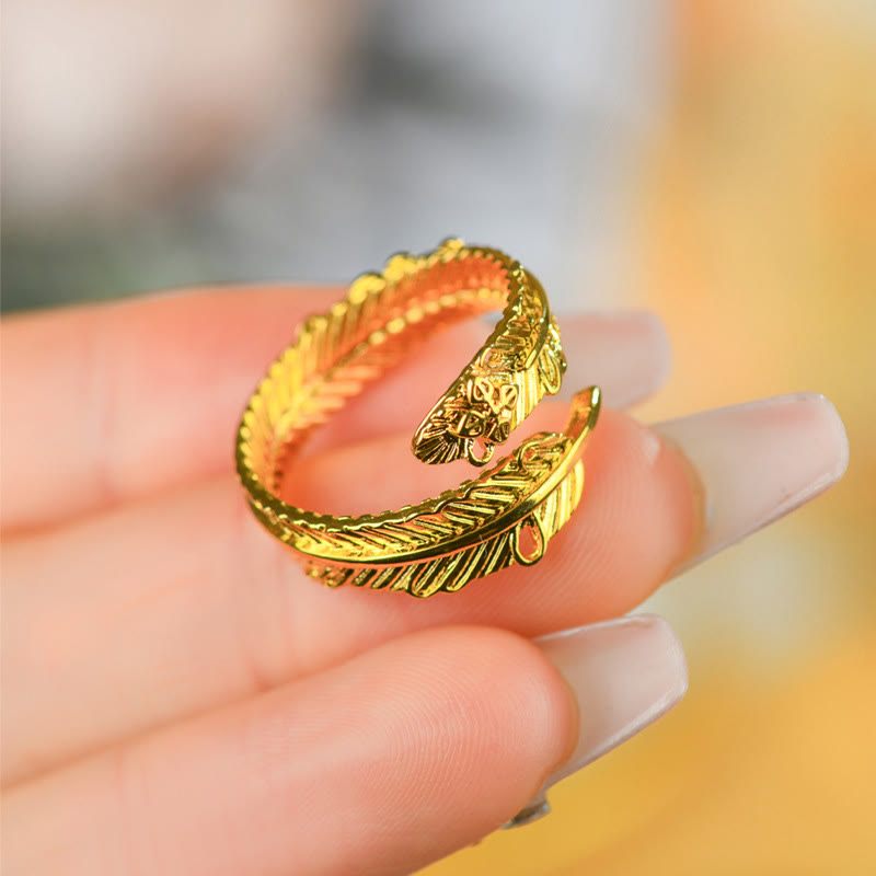 Buddha Stones River Gold Plated Copper Feather Design Wealth Ring