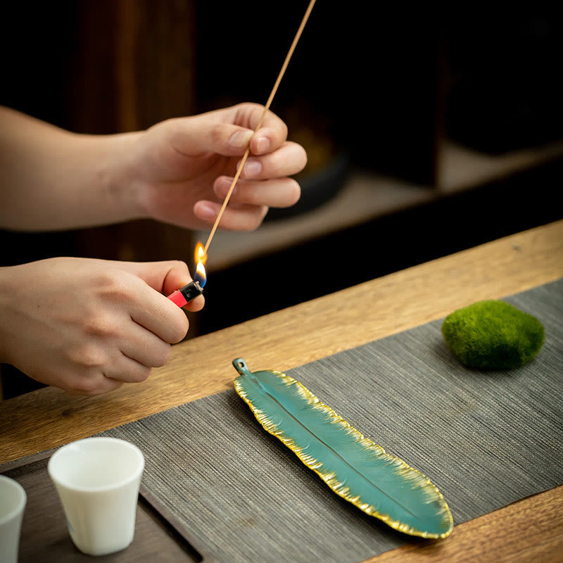 Buddha Stones Green Feather Gold Edge Healing Ceramic Incense Burner Decoration