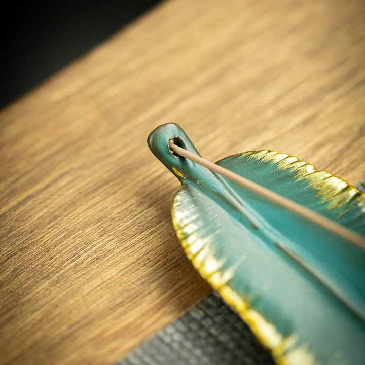 Buddha Stones Green Feather Gold Edge Healing Ceramic Incense Burner Decoration - image 10