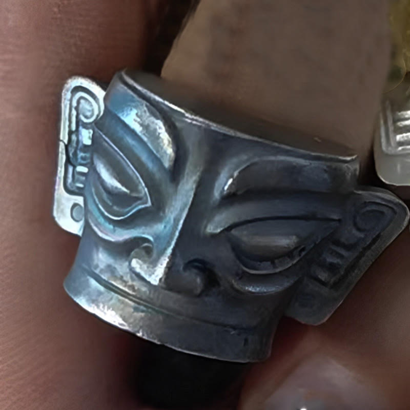 Buddha Stones 999 Sterling Silver Hand Casting Sanxingdui Mask Protection Ring - 999 Sterling Silver Vintage - US10 - image 13