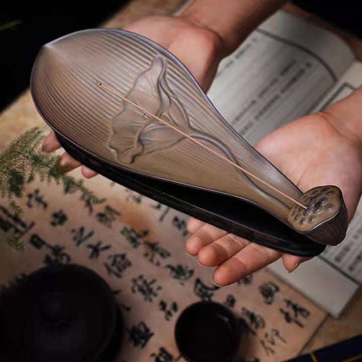 Buddha Stones Lotus Pod Zen Healing Brown Ceramic Stick Incense Burner Decoration - image 2