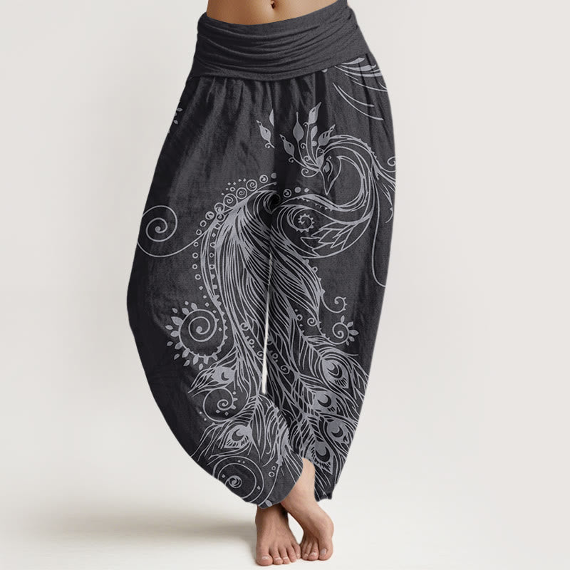 Buddha Stones Cotton Casual Peacock Design Women's Elastic Waist Harem Pants - Black - US22，UK/AU26，EU54 (6XL) - image 7