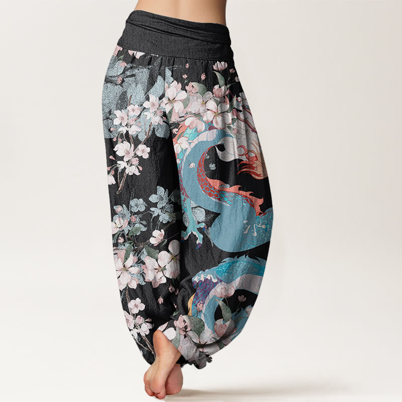 Buddha Stones Casual Dragon Cherry Blossoms Women's Elastic Waist Harem Pants