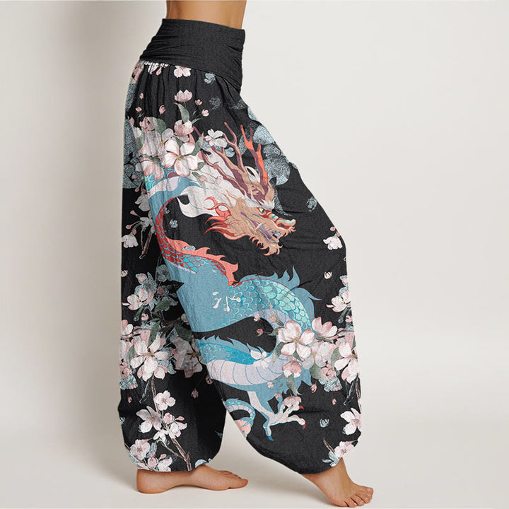 Buddha Stones Cotton Casual Dragon Cherry Blossoms Women's Elastic Waist Harem Pants - image 2