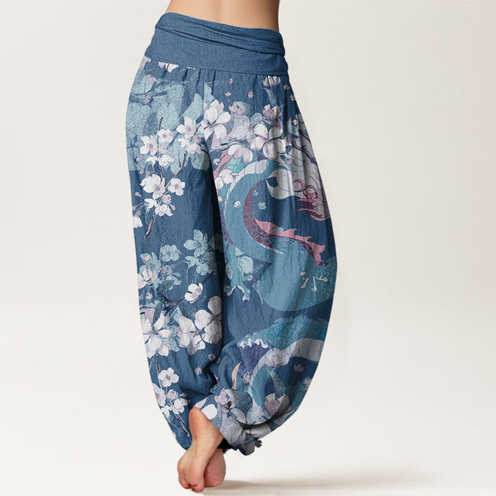 Buddha Stones Casual Dragon Cherry Blossoms Women's Elastic Waist Harem Pants