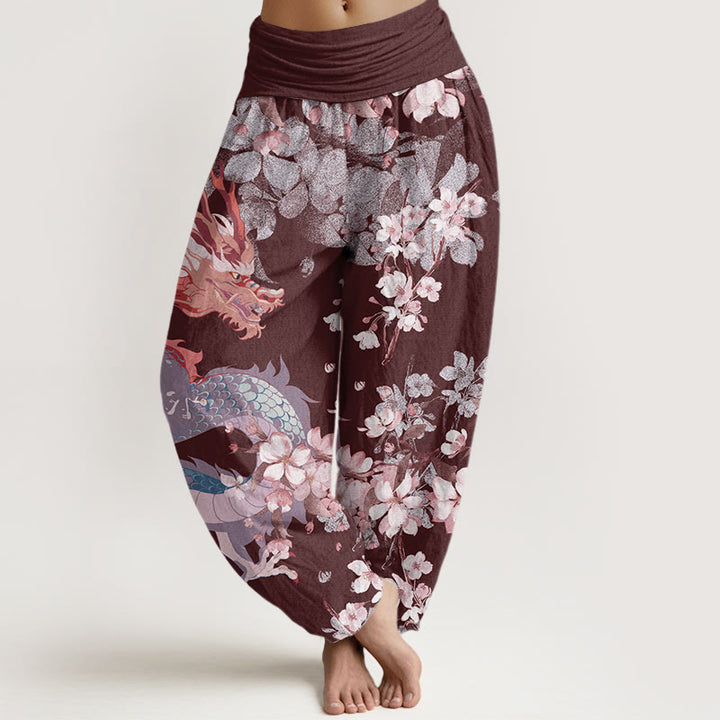 Buddha Stones Cotton Casual Dragon Cherry Blossoms Women's Elastic Waist Harem Pants - Maroon - US22，UK/AU26，EU54 (6XL) - image 7