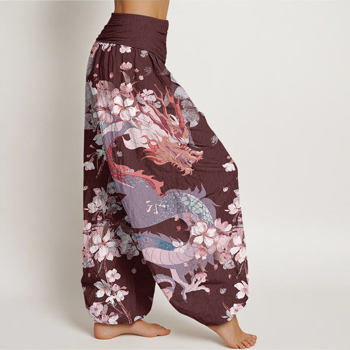 Buddha Stones Cotton Casual Dragon Cherry Blossoms Women's Elastic Waist Harem Pants - image 9