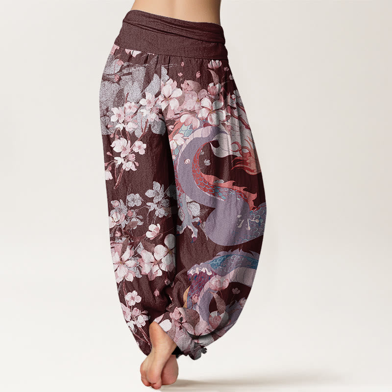 Buddha Stones Casual Dragon Cherry Blossoms Women's Elastic Waist Harem Pants - image 8