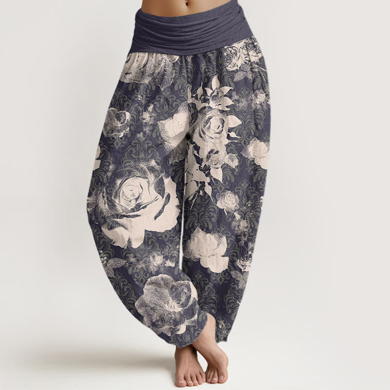 Buddha Stones Casual White Roses Women's Elastic Waist Harem Pants