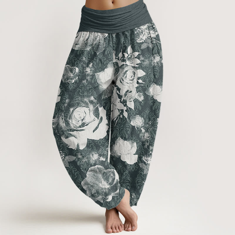 Buddha Stones Casual White Roses Women's Elastic Waist Harem Pants