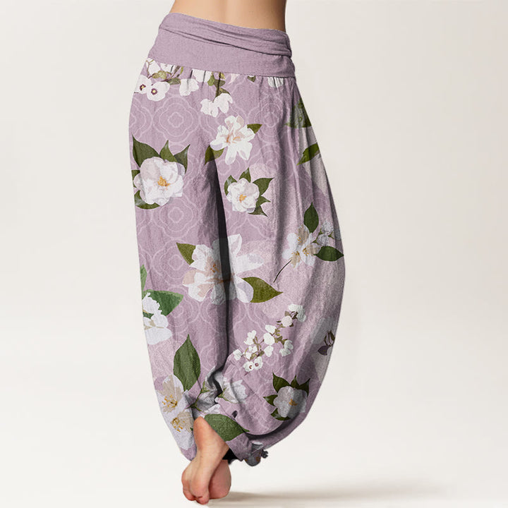 Buddha Stones Casual White Magnolia Flowers Leaves Women's Elastic Waist Harem Pants