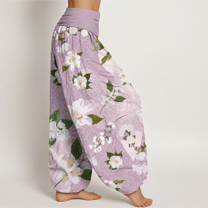 Buddha Stones Casual White Magnolia Flowers Leaves Women's Elastic Waist Harem Pants