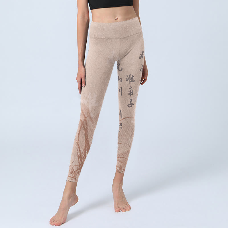 Buddha Stones Calligraphy Orchid Print Gym Leggings Women's Yoga Pants