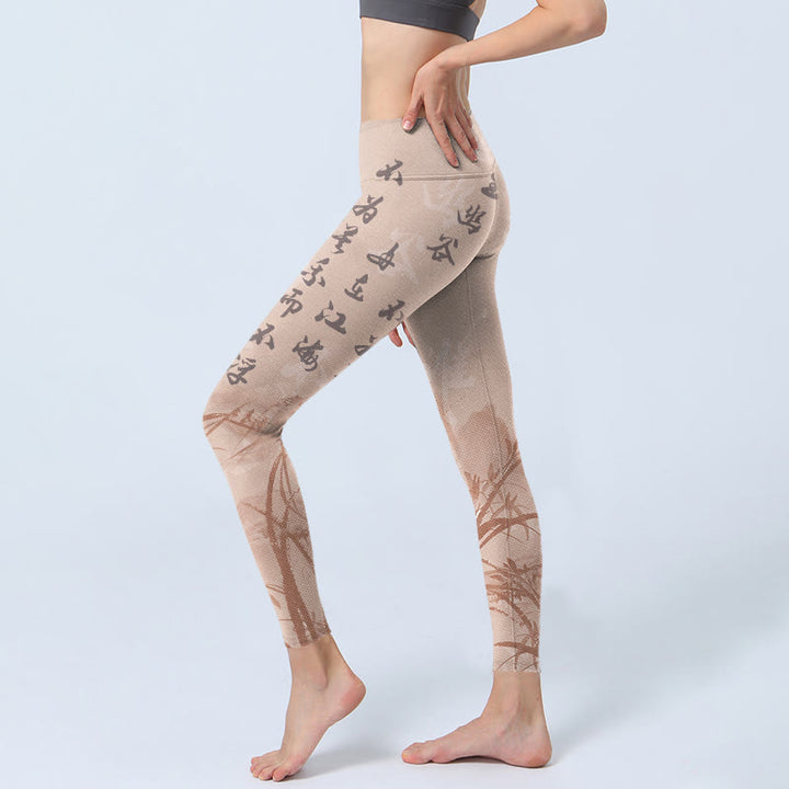 Buddha Stones Calligraphy Orchid Print Gym Leggings Women's Yoga Pants - image 3