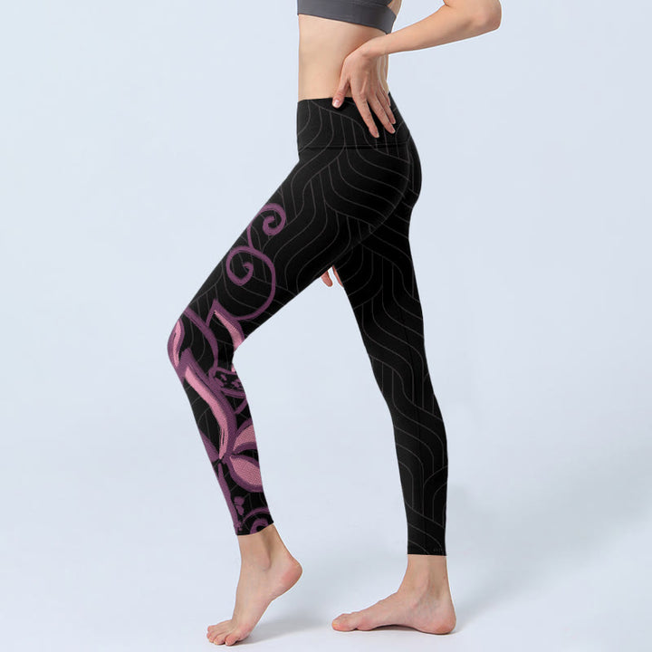 Buddha Stones Black Pink Lotus Flower Print Gym Leggings Women's Yoga Pants