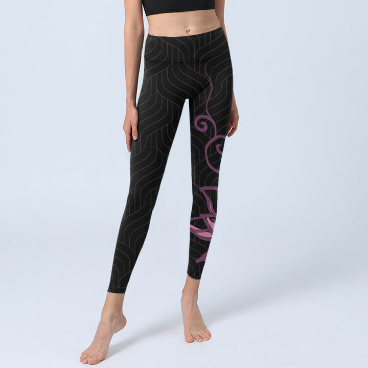 Buddha Stones Black Pink Lotus Flower Print Gym Leggings Women's Yoga Pants - image 6