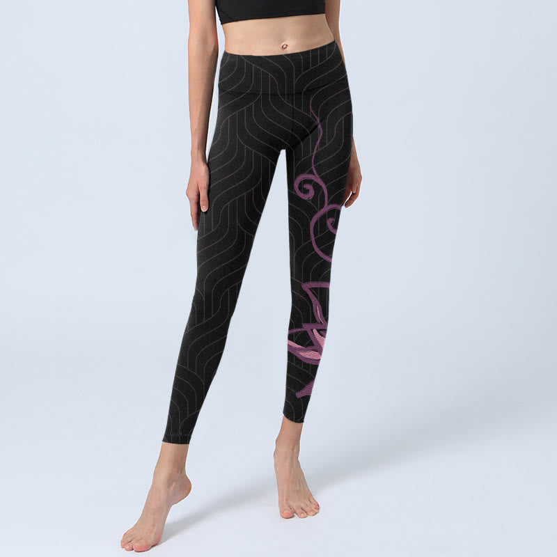 Buddha Stones Black Pink Lotus Flower Print Gym Leggings Women's Yoga Pants - image 5