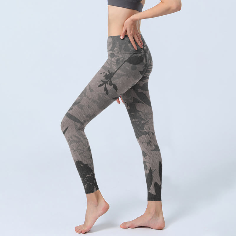 Buddha Stones Gray Leaves Print Gym Leggings Women's Yoga Pants - image 2