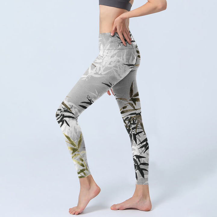 Buddha Stones Dark Gray Bamboo Leaves Print Gym Leggings Women's Yoga Pants