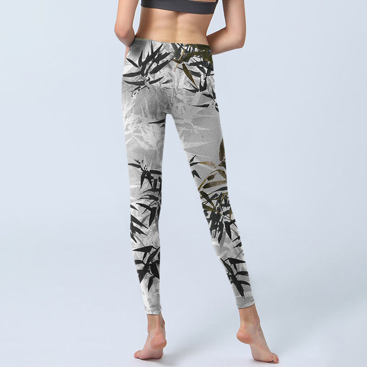 Buddha Stones Dark Gray Bamboo Leaves Print Gym Leggings Women's Yoga Pants - image 7