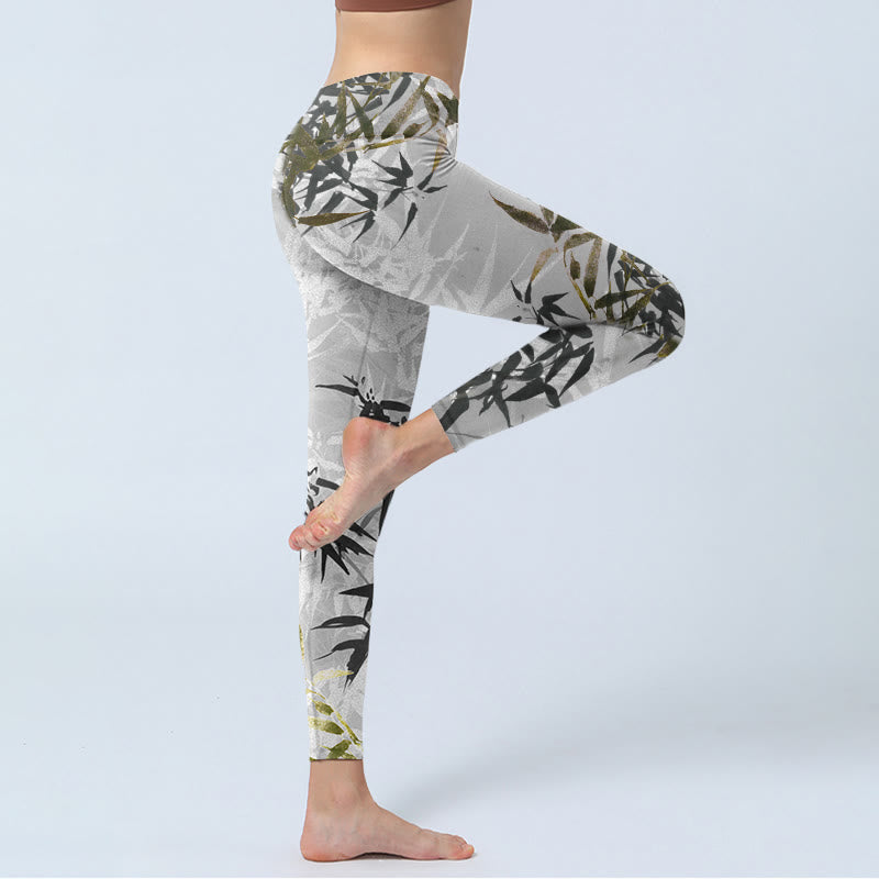 Buddha Stones Dark Gray Bamboo Leaves Print Gym Leggings Women's Yoga Pants