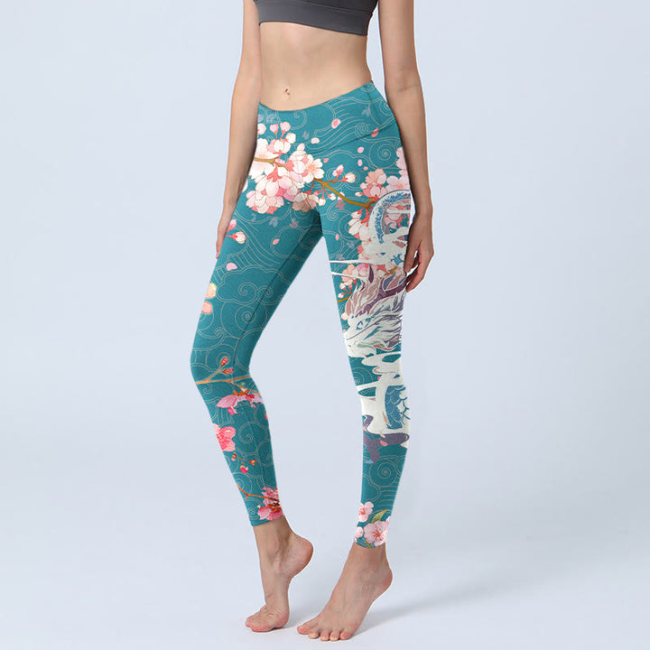 Buddha Stones Dragon Cherry Blossoms Print Gym Leggings Women's Yoga Pants