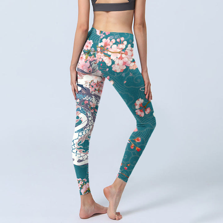 Buddha Stones Dragon Cherry Blossoms Print Gym Leggings Women's Yoga Pants