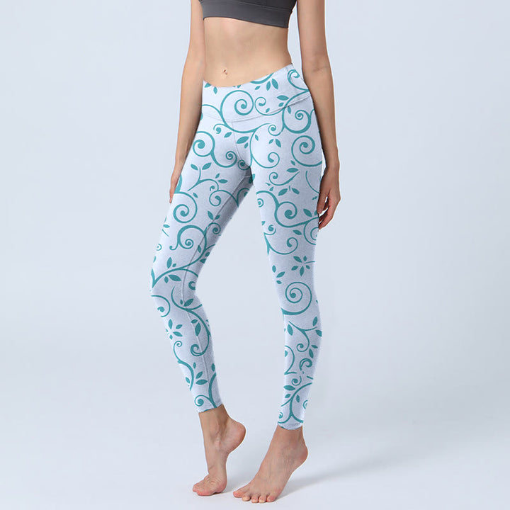 Buddha Stones Blue Vine Leaves Print Gym Leggings Women's Yoga Pants