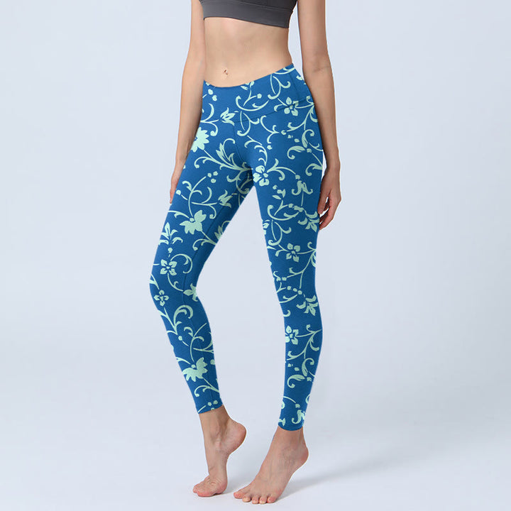 Buddha Stones Vine Plants Flowers Print Gym Leggings Women's Yoga Pants - SteelBlue - US18，UK/AU22，EU50 (4XL) - image 1