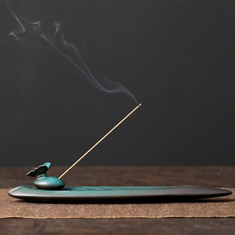 Buddha Stones Three Stones Waves Butterfly Bamboo Healing Ceramic Stick Incense Burner Decoration - Butterfly 24*3.6*3.8cm - image 11