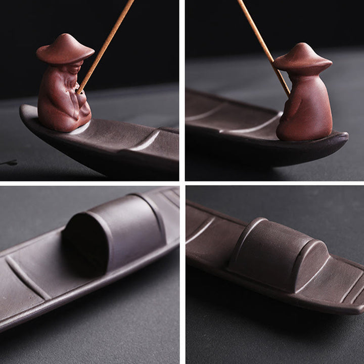 Buddha Stones Fisherman Boat Purple Clay Peace Healing Ceramic Stick Incense Burner Decoration