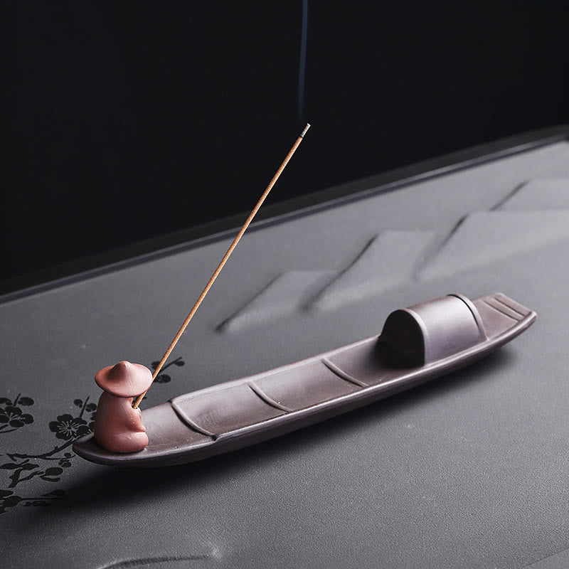 Buddha Stones Fisherman Boat Purple Clay Peace Healing Ceramic Stick Incense Burner Decoration - image 1