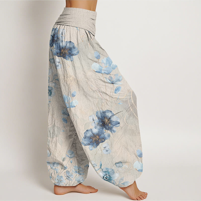 Buddha Stones Blooming Varying Flower Pattern Women's Elastic Waist Harem Pants