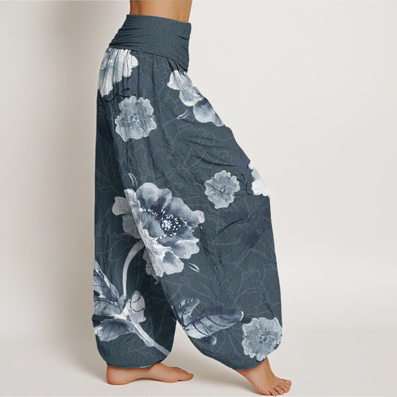 Buddha Stones Folwers With Leaves Pattern Women's Elastic Waist Harem Pants